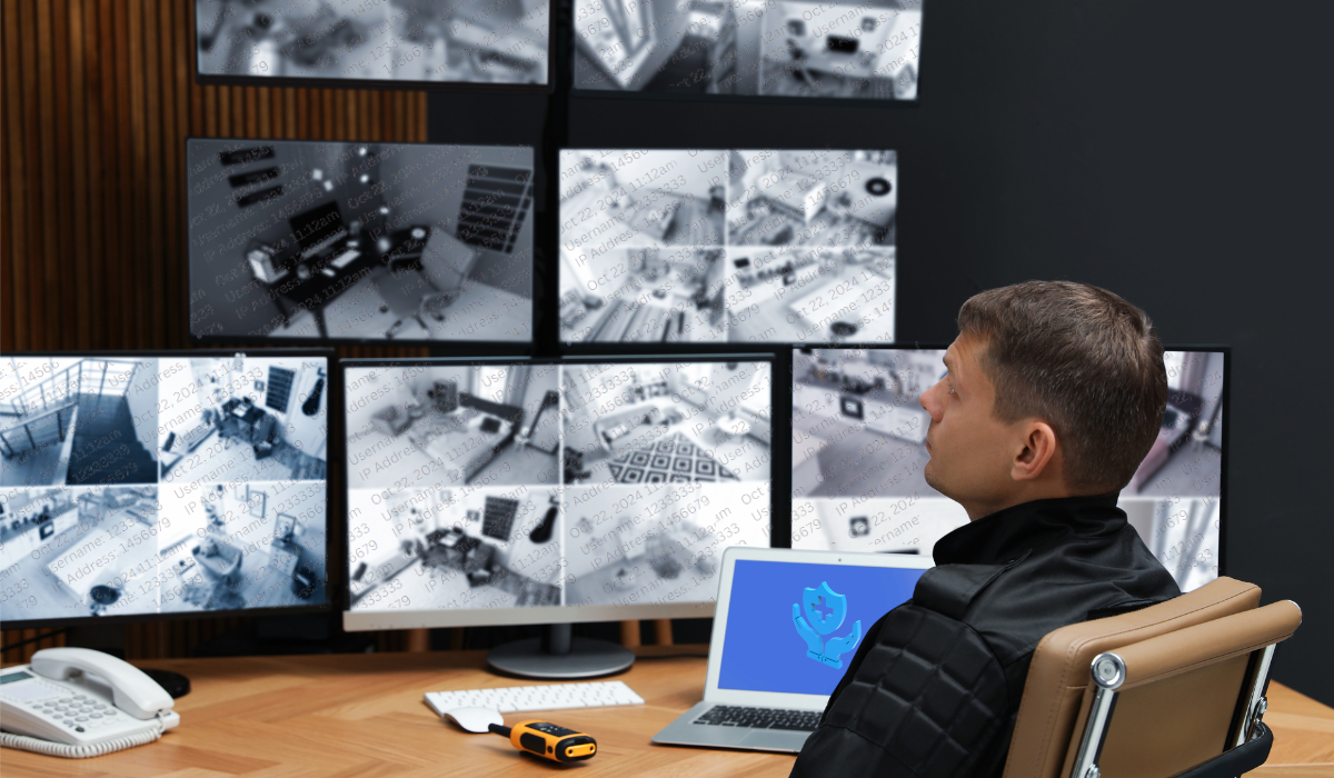 staff is watching CCTV with watermark