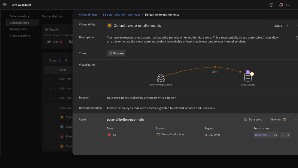 IBM Guardium - Vulnerabilities - default write entitlements