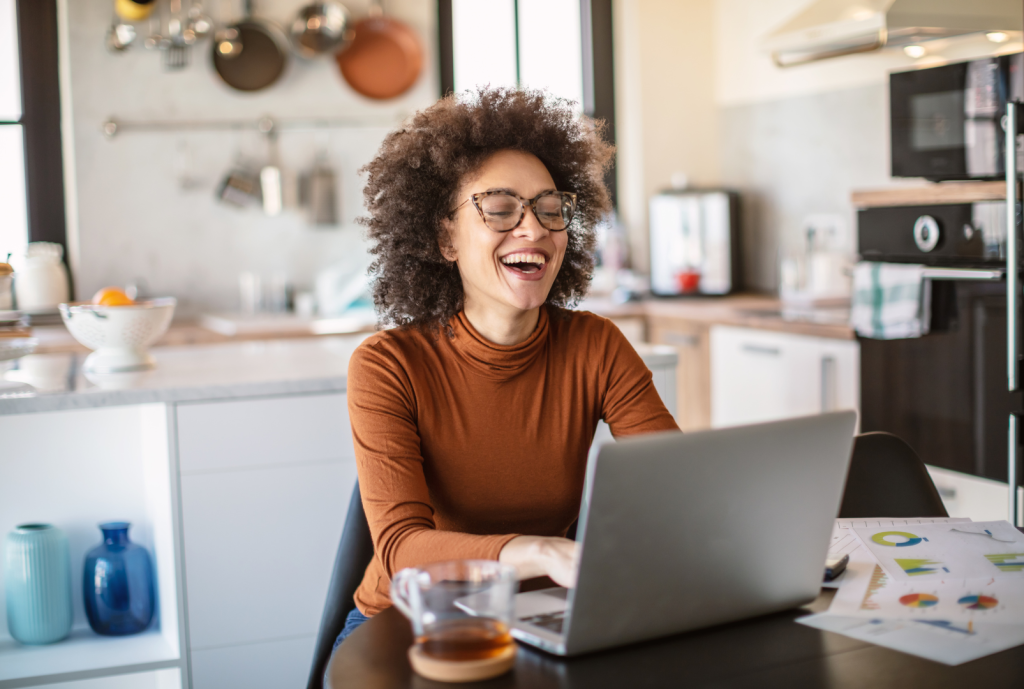 woman work from home happily