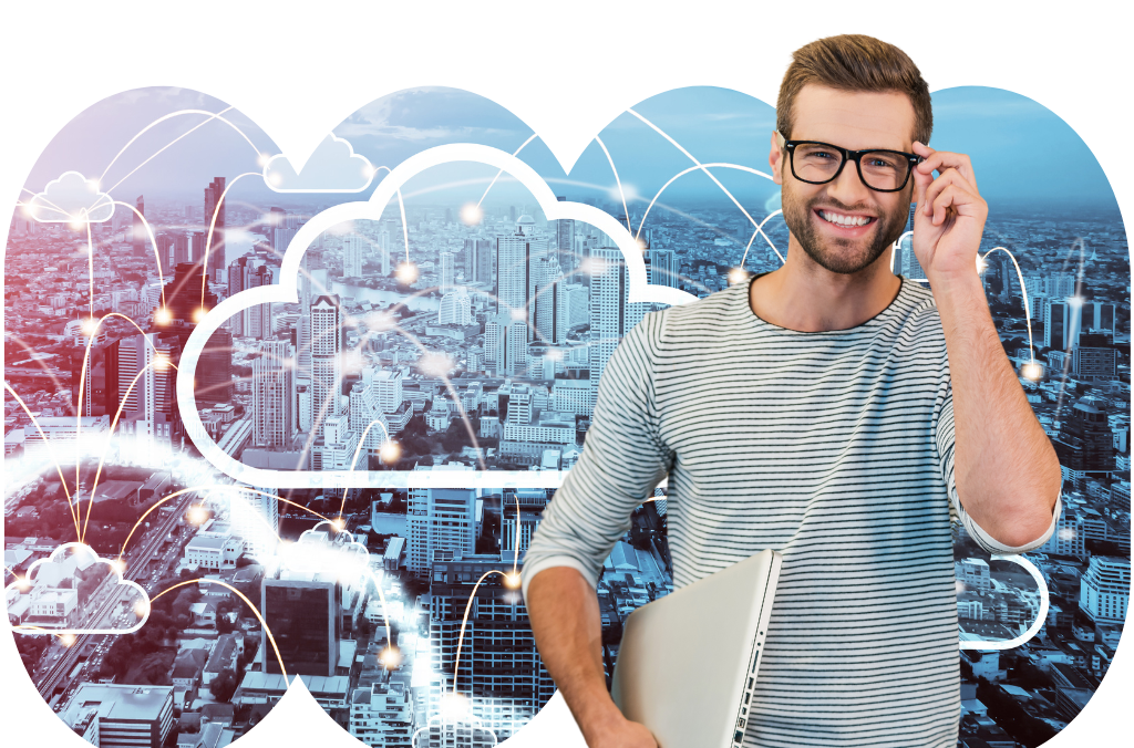An IT professional in front of a Cloud and networking background