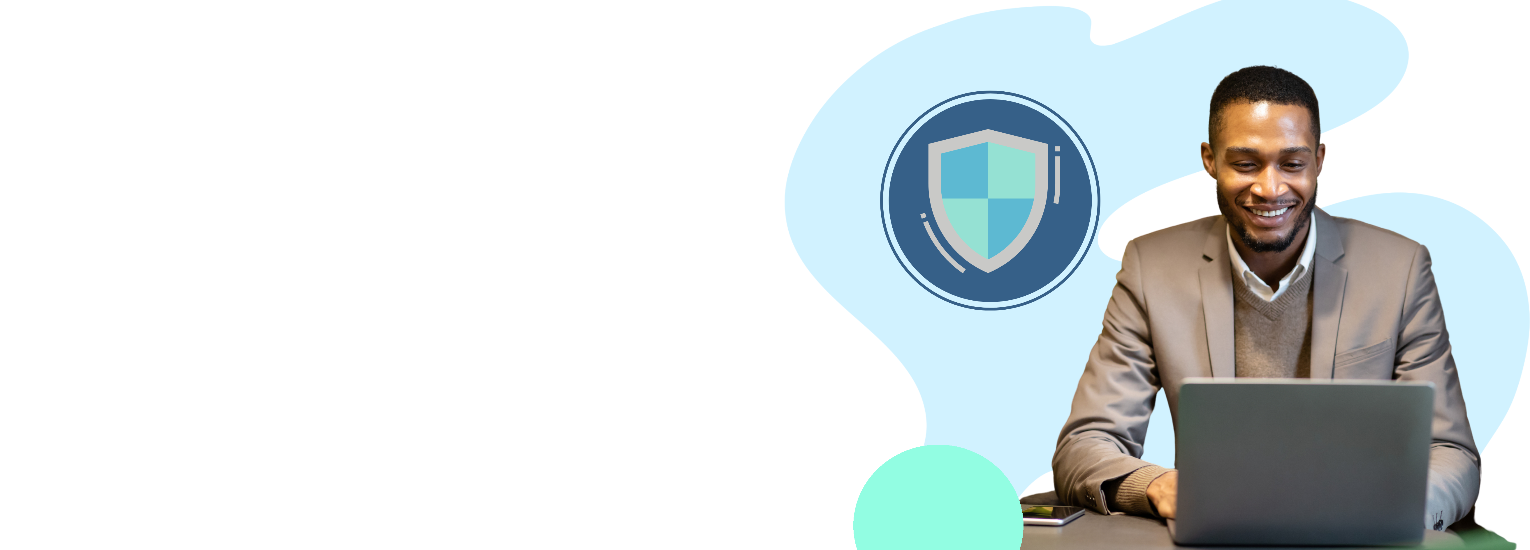 a Man using computer happily, with a shield icon showing it is very safe